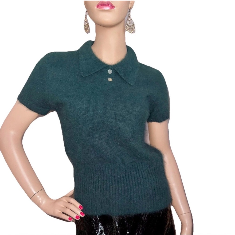 Limited London Paris NY Green Angora Short Sleeve Sweater M